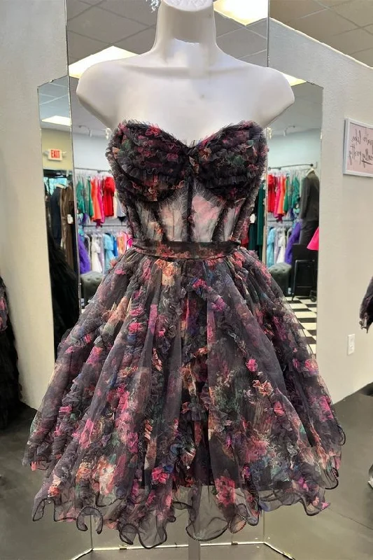 oversized dressFlower Prints Strapless A-line Tulle Ruffled Homecoming Dress