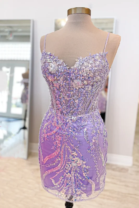 layered dressStraps Lavender Sequin Appliques Tight Mini Homecoming Dress Y4007