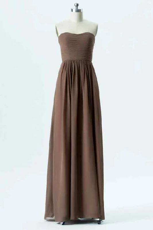 puff sleeve dressTaupe A-line Strapless Pleated Chiffon Long Bridesmaid Dress