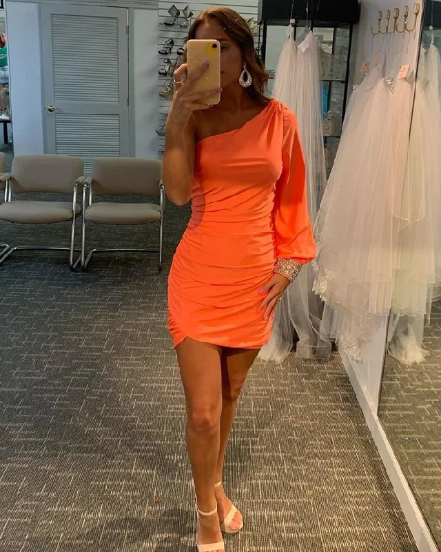 summer floral dressOne Shoulder Orange Satin Tight Homecoming Dress with Beading Long Sleeves Y2905