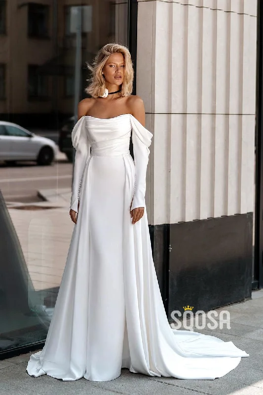 stylish party dressOff-Shoulder Long Sleeves Pleats Satin Wedding Dress Bridal Gown With Train QW8018