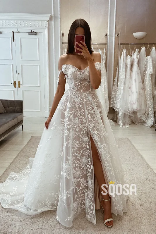 stylish party dressChic Tulle A-Line Off-Shoulder Lace Applique With Side Slit Train Wedding Dress QW8109