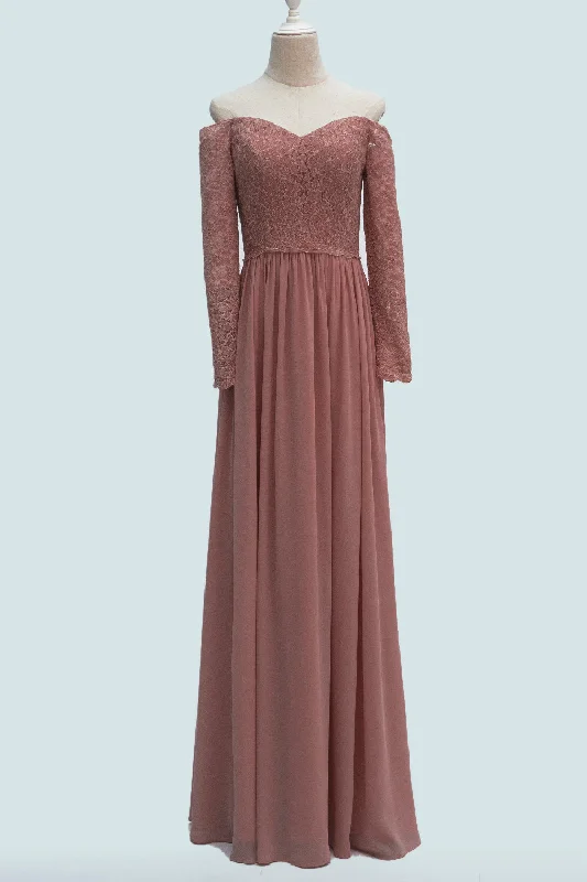 structured dressDesert Rose A-line Long Sleeves Off-Shoulder Lace Long Bridesmaid Dress