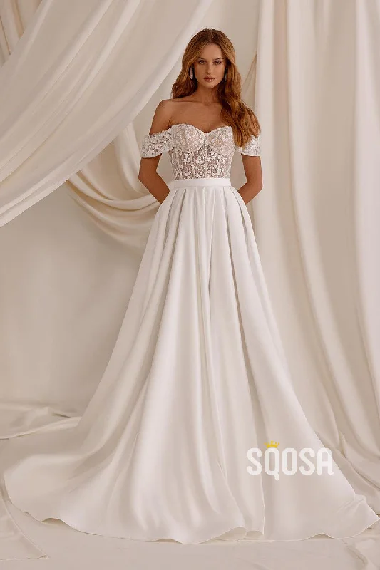 boho dressIllusion A-Line Off-Shoulder Satin Wedding Dress Bridal Gowns With Train QW8060