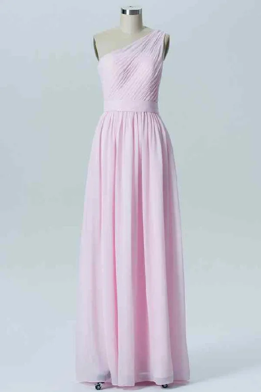 form-fitting dressPink A-line Illusion One Shoulder Chiffon Long Bridesmaid Dress