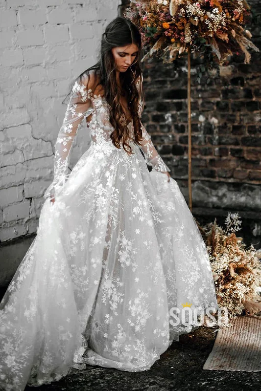 elegant shift dressAttractive V-neck Long Sleeves Lace Bohemian Wedding Dress Backless QW2434