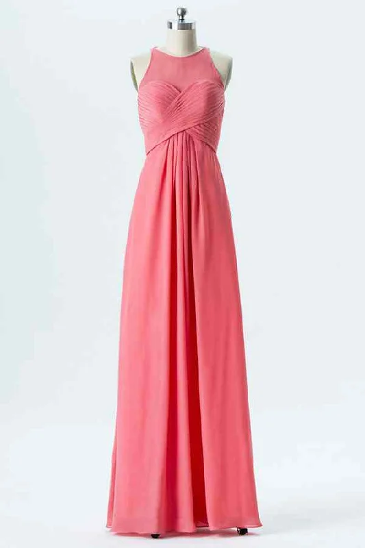 fitted bodycon dressWatermelon A-line Halter Tied Back Chiffon Long Bridesmaid Dress