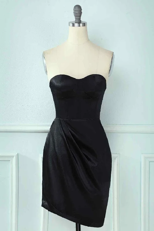 comfy maxi dressBlack Sheath Strapless Sweetheart Pleated Leather Mini Homecoming Dress