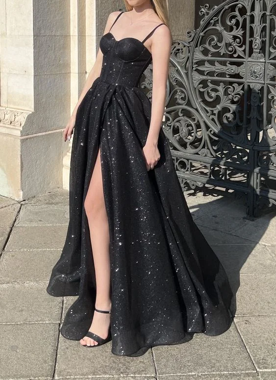 evening dressChic Black Spaghetti Straps Long Prom Dress Graduation Dress  Y2894