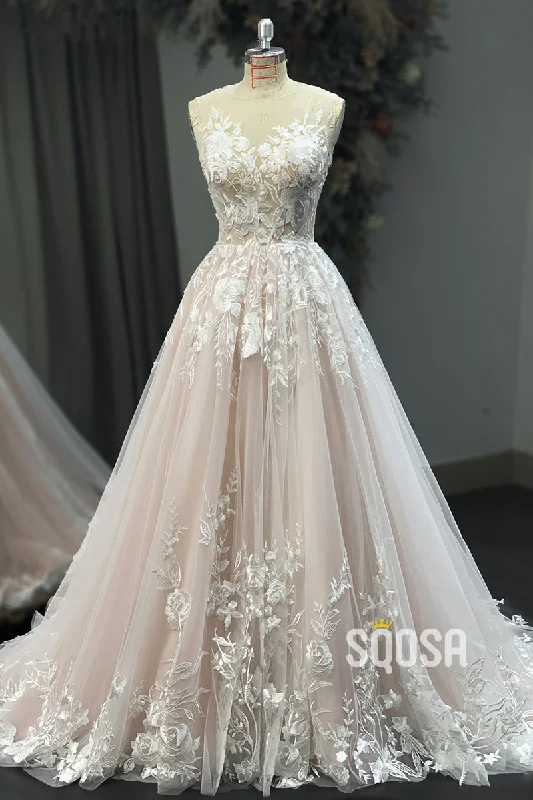 stylish party dressA-line Illusion Neckline Lace Appliques Rustic Wedding Dress Bridal Gown QW2185