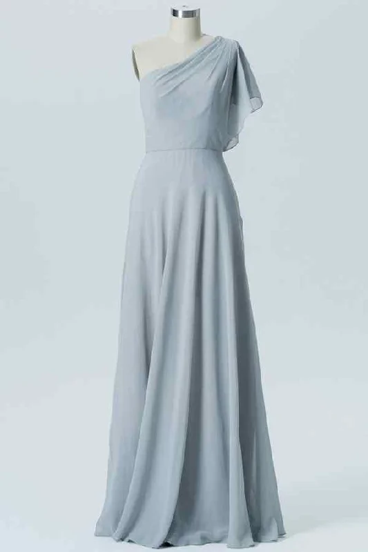 A-line dressDusty Lavender A-line One Flowing Shoulder Pleated Chiffon Long Bridesmaid Dress