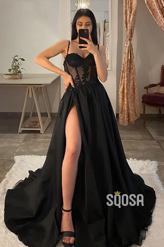 backless dressA-line Sweetheart Lace Appliques Black Long Prom Dress QP0877