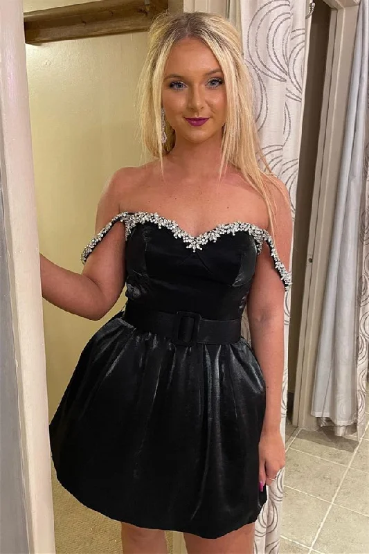 wool dressBlack A-line Off-the-shoulder Sequin Satin Mini Homecoming Dress