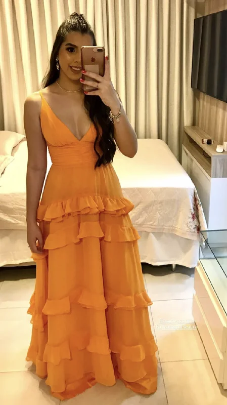 one-shoulder dressElegant A-line Orange V Neck Long Prom Dress  Y2692