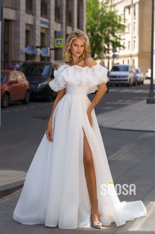 shift dressOff-Shoulder A-Line Tulle Casual Wedding Dress Bridal Gowns With Split QW8090