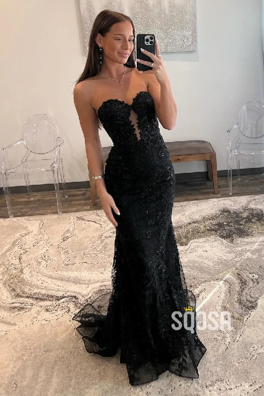 elegant evening dressMermaid Strapless Applique Black Long Prom Dress Evening Gowns QP3183