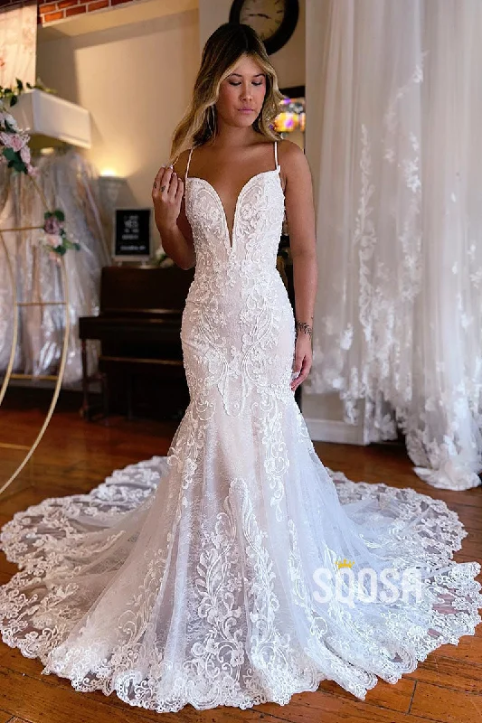 party dressAttractive V-Neck Illusion Lace Appliques Mermaid Wedding Dress QW2395