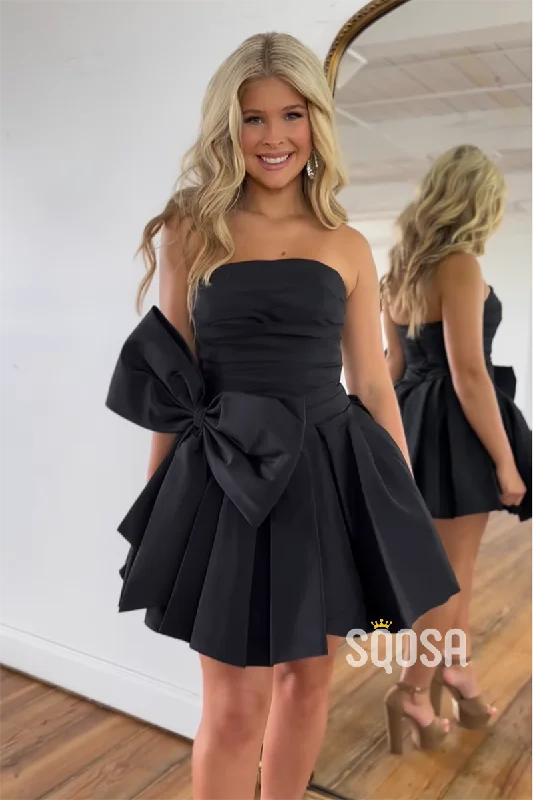 trendy mini dressA-Line Strapless Satin Bowknot Black Short Homecoming Dress Cheap QH2415