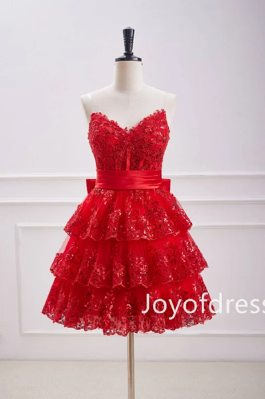 trendy wrap dressStrapless V-Neck Red Tiered Short Party Dress with Appliques