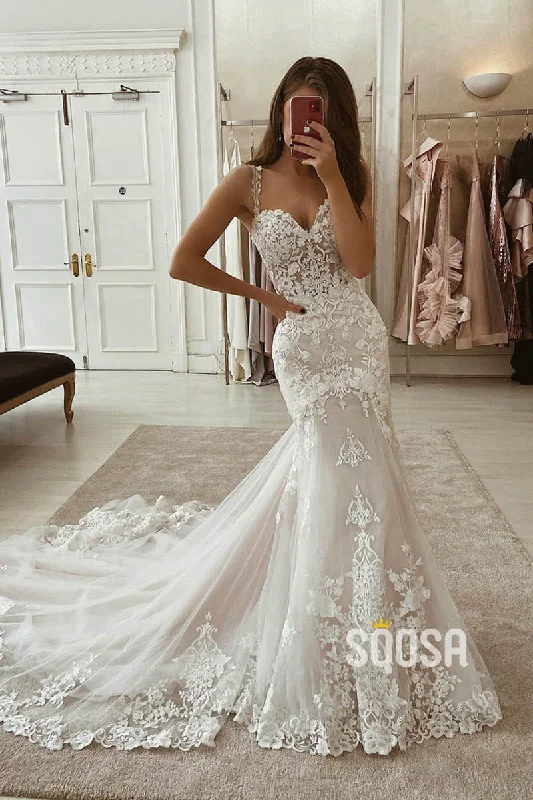 fitted dressMermaid/Trumpet Wedding Dress Spaghetti Straps Appliques Rustic Wedding Gown QW2246