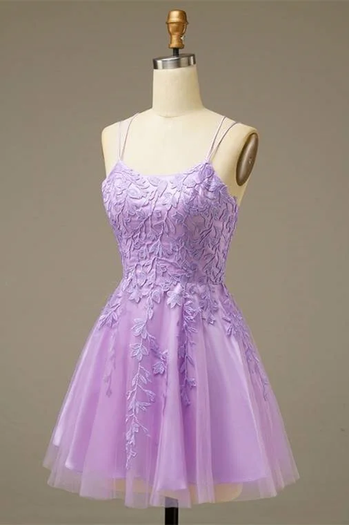 backless dressLilac A-line Lace-Up Back Applique Tulle Mini Homecoming Dress