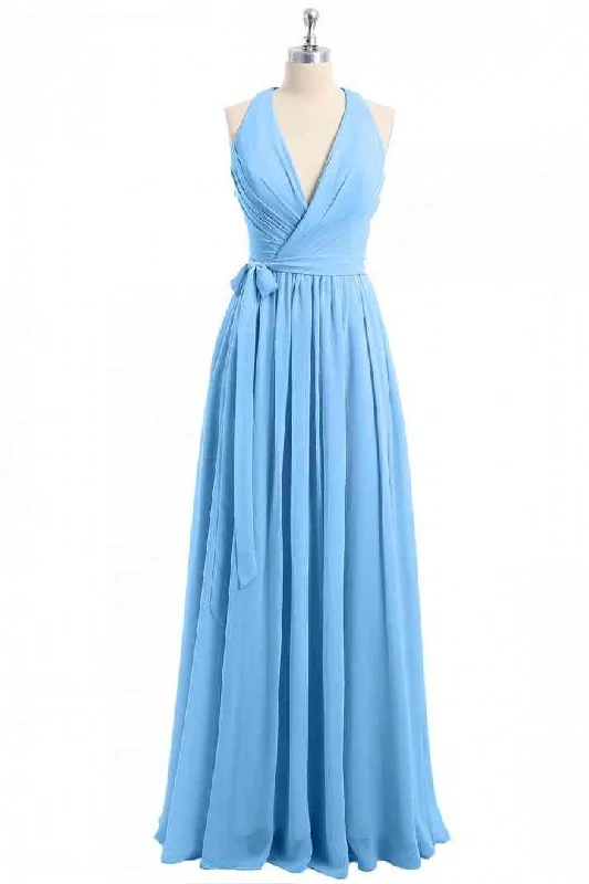 casual day dressBlue A-line Halter V neckline pleated Chiffon Long Bridesmaid Dress