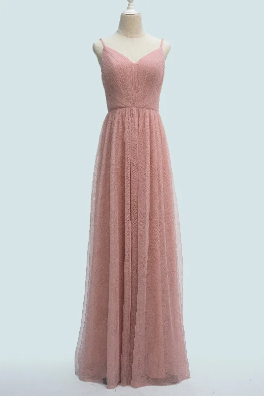 long sleeve dressBlushing Pink A-line Spaghetti Strap Pleated Long Bridesmaid Dress