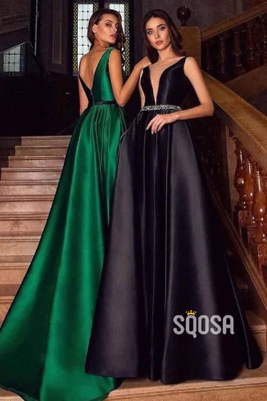 silk dressA Line Sexy Deep V neck Satin Eleagnt Long Formal Evening Dress with Pockets QP2244