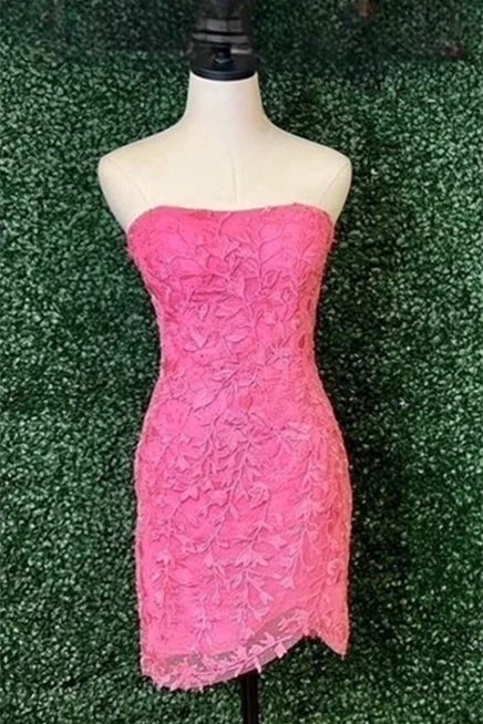 backless dressPink Strapless Sheath Appliques Homecoming Dress