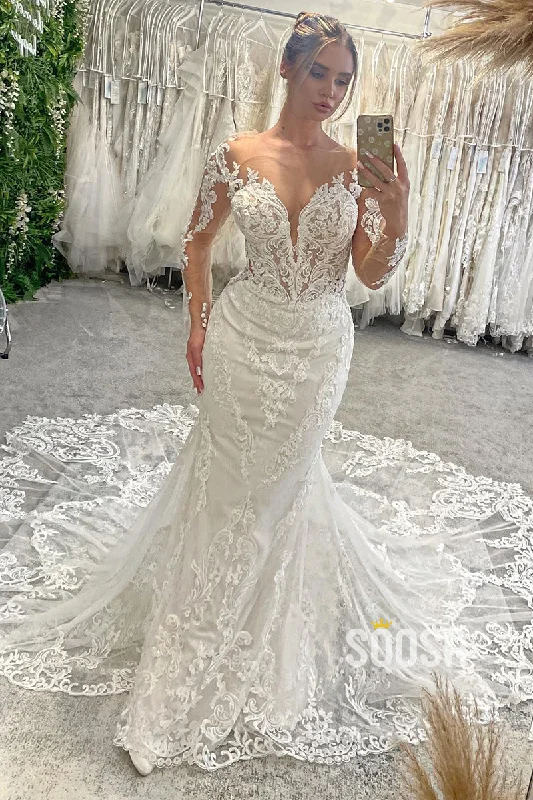 formal dressIllusion V-Neck Lace Appliques Long Sleeves Mermaid Wedding Dress QW2625