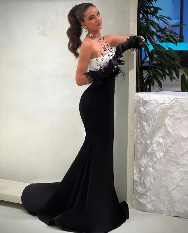 playful dressChic & Modern Sheath Halter Strapless Beaded Satin Feathers Evening Prom Dress QP3123