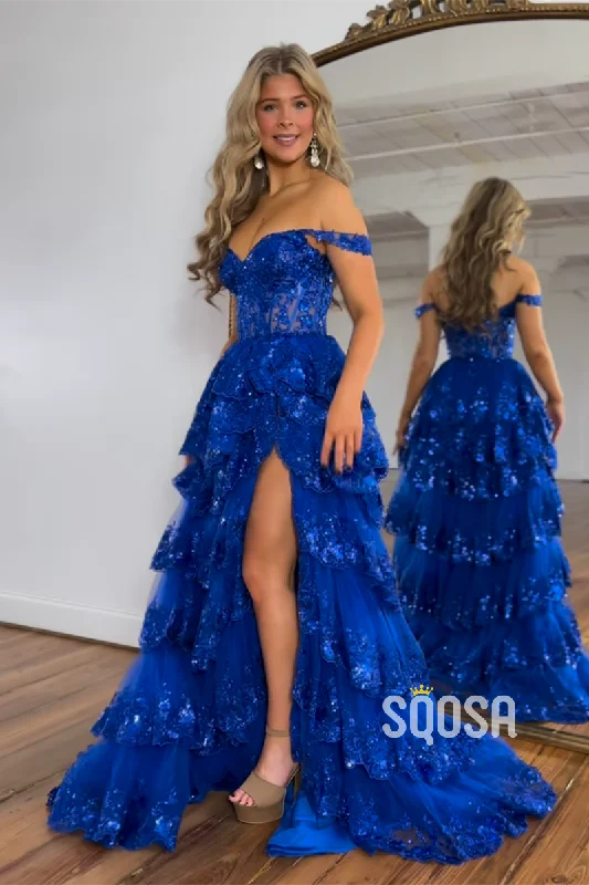 draped dressOff-Shoulder A-Line Ball Gown Sequins Long Prom Dress Evening Gowns QP0985