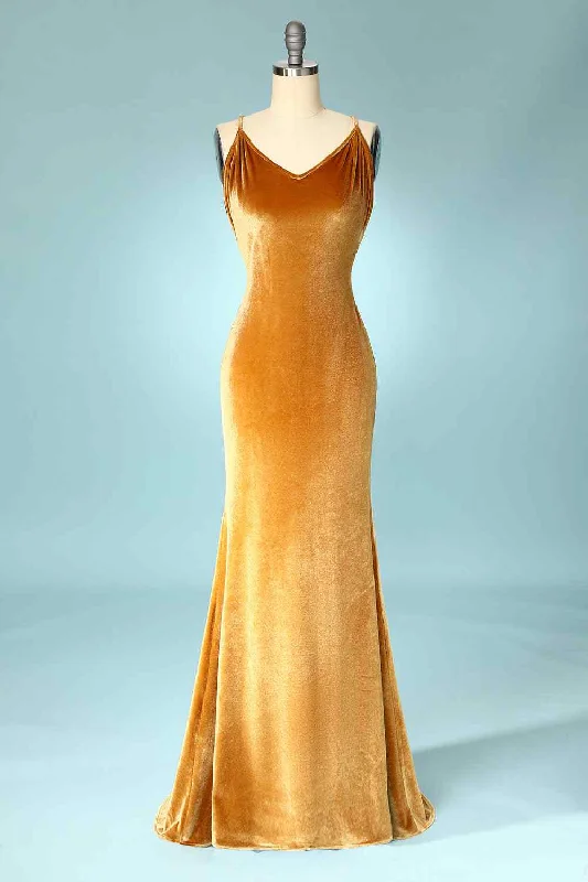 chic slip dressButterscotch Mermaid Cowl Neck Backless Velvet Long Bridesmaid Dress