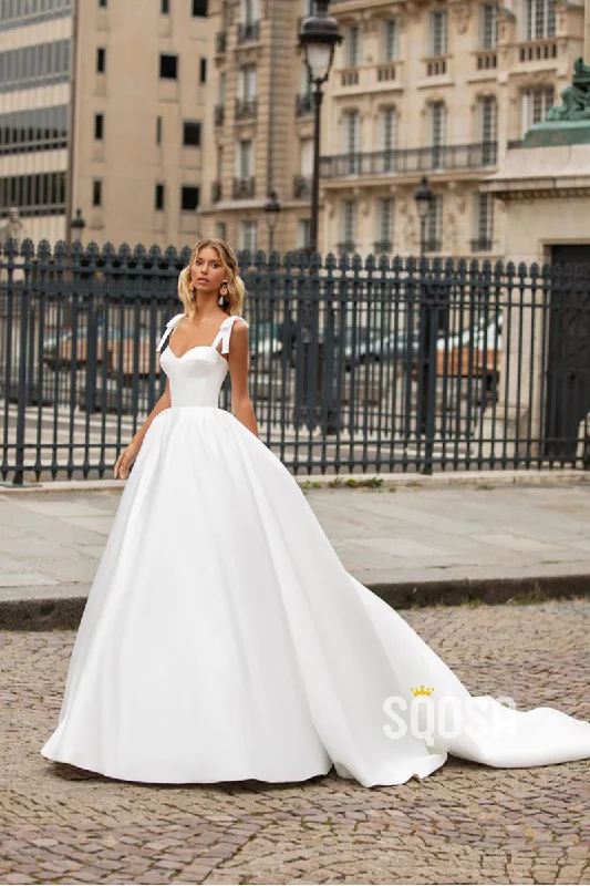 stylish dressA Line Sweetheart Satin Ball Gown Elegant Wedding Dress with Pockets QW2384