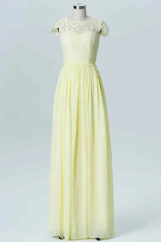 formal dressLight Yellow A-line Lace Jewel Chiffon Long Bridesmaid Dress with Buttons