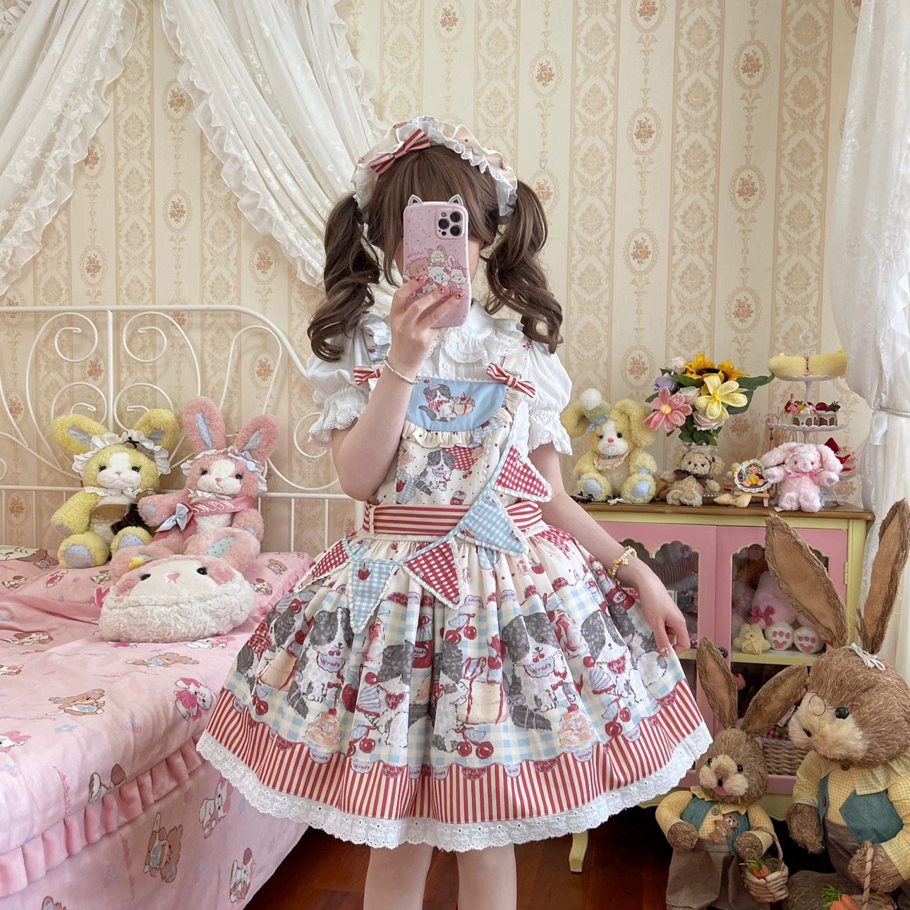 layered dressAkiyama Future Studio~Border Collie Cherry~Kawaii Lolita Salopette Cherry Print Dress