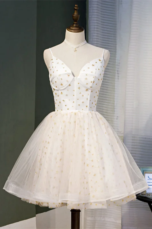 wool dressBeige V Neck Straps Star-Prints Tulle Homecoming Dress