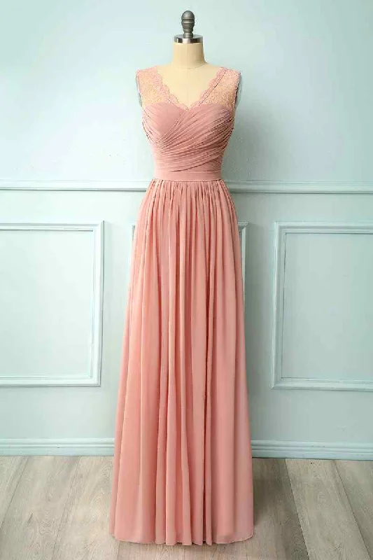 long-sleeve floral dressDusty Pink A-line Illusion Lace Neck Pleated Chiffon Long Bridesmaid Dress