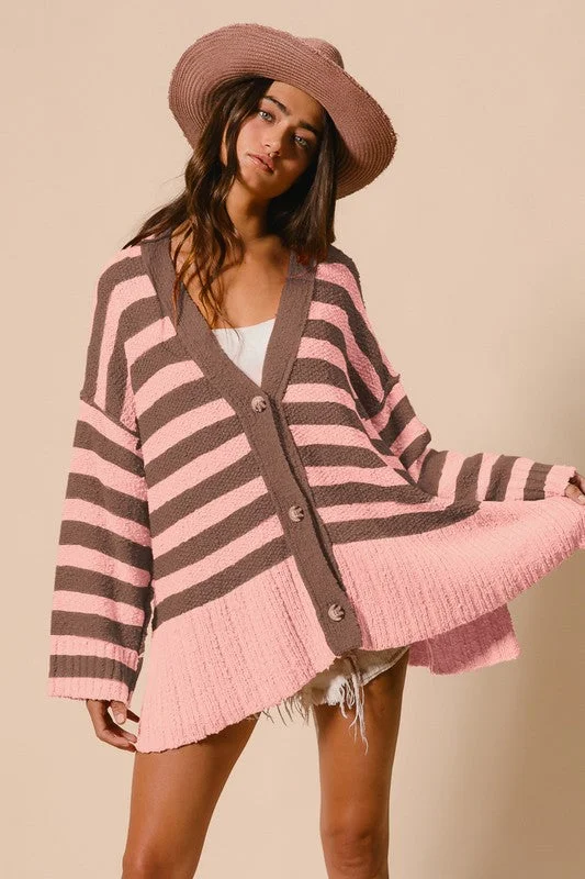 breathable workout hoodieBiBi Slit Striped V-Neck Button Up Cardigan