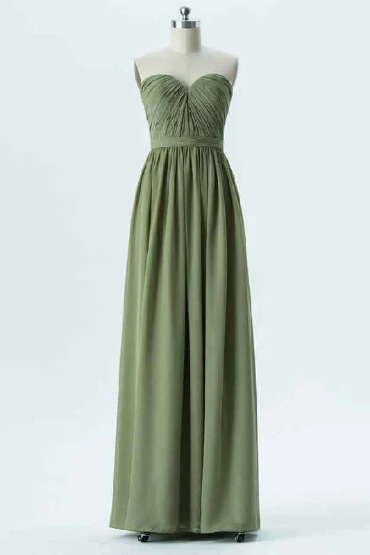 trendy mini dressOlive A-line Strapless Chiffon Pleated Long Bridesmaid Dress