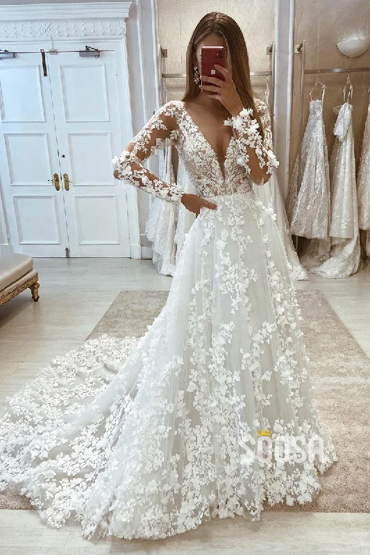 trendy wrap dressAllover Lace V-Neck Long Sleeves A-line Wedding Dress QW2570