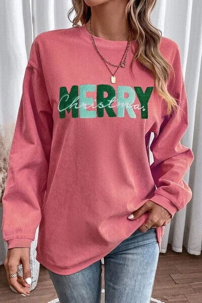 fashionable fitness sweatshirtMERRY CHRISTMAS Pink Ribbed Sweatshirt