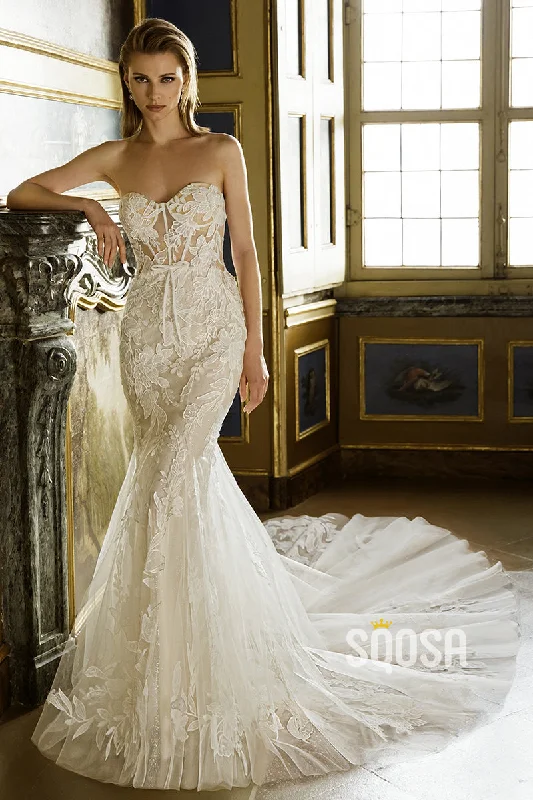 casual midi dressIllusion Mermaid Strapless Applique Sweep Train Wedding Dress Bridal Gowns QW8039