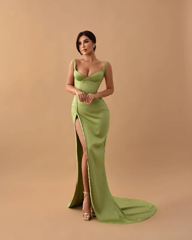 puff sleeve dressChic Sweetheart Straps Light Green Prom Dress With Slit QP3132