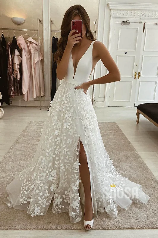 off-shoulder dressA-line V-neck Exquisite Lace Bohemian Wedding Dress Bridal Gowns QW2096