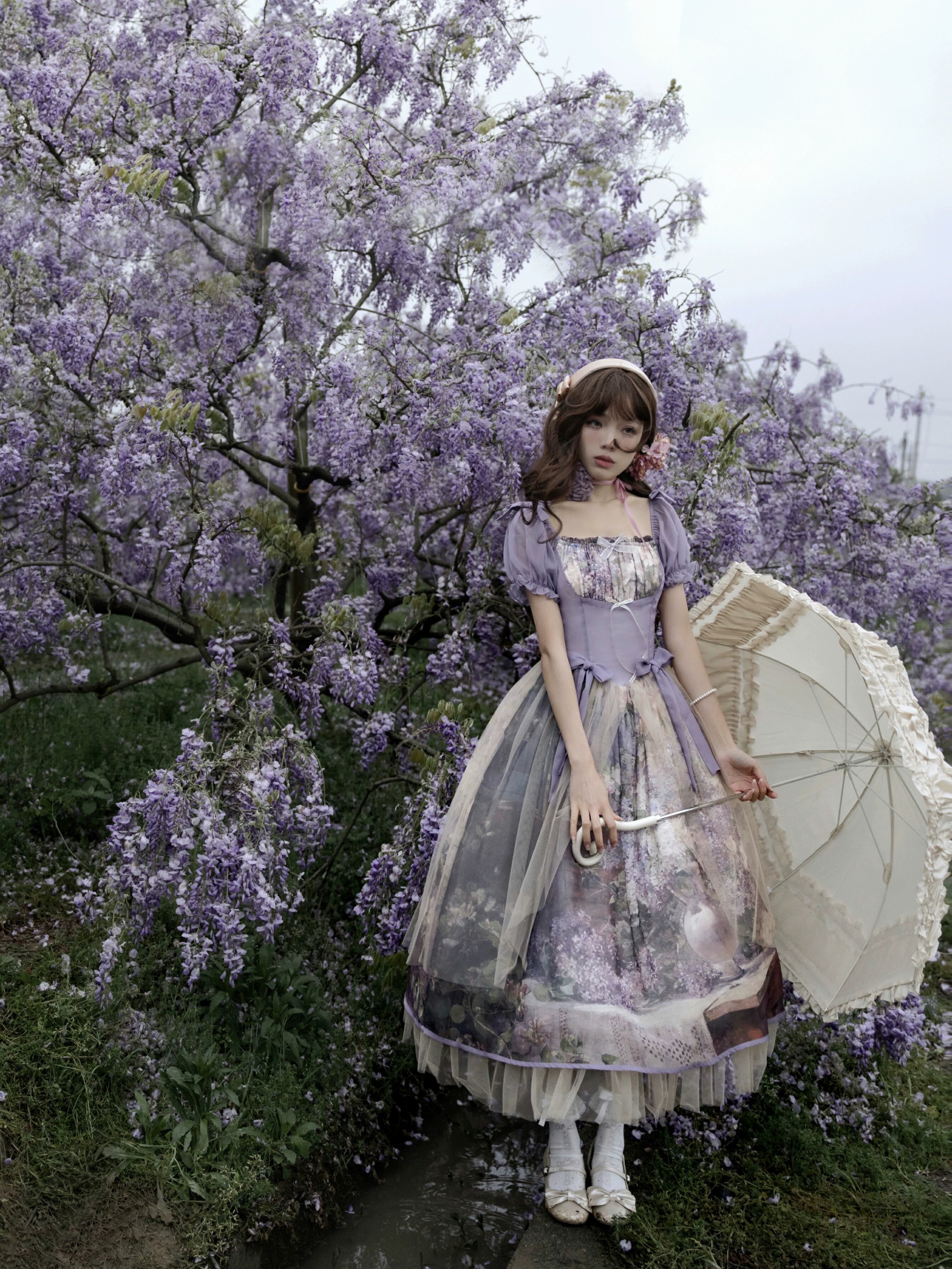 structured dress(BFM)Cyan Lolita~Blooming Tree Shade~Elegant Lolita OP Oil Painting Print Bow Dress