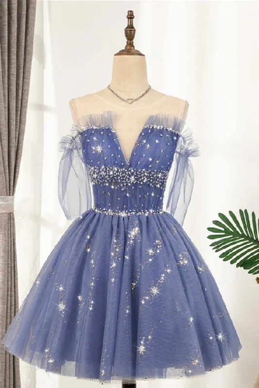 stylish dressLavender Illusion Off-the-Shoulder Beaded Ruffle Tulle Homecoming Dress