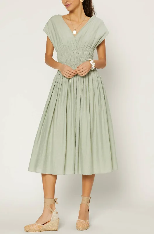 casual summer dressV-Neck Smocked Waist Dress in Silt Green