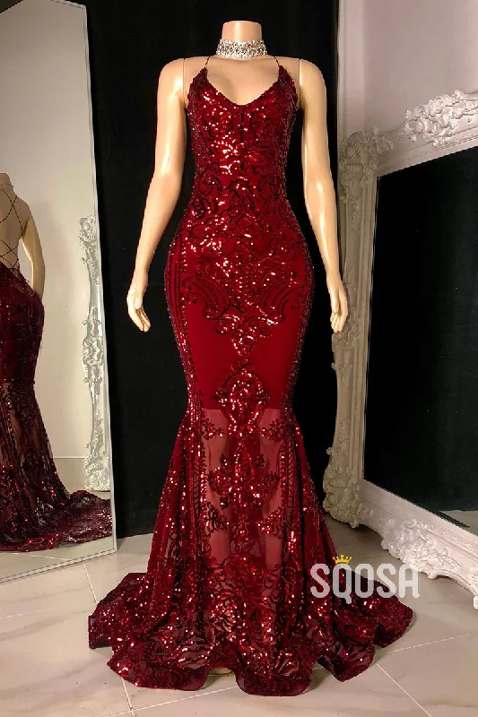 casual slip dressSpaghetti Straps Sequins Appliques Burgundy Mermaid Prom Dress Black Girl Slay QP0891