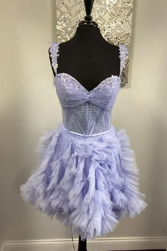 silk dressLavender Straps A-line Ruffle Short Homecoming Dress